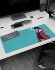 Half-lidded twin-tail anime girl desk pad 36x16 inches, hands in pockets, red coat over black outfit.