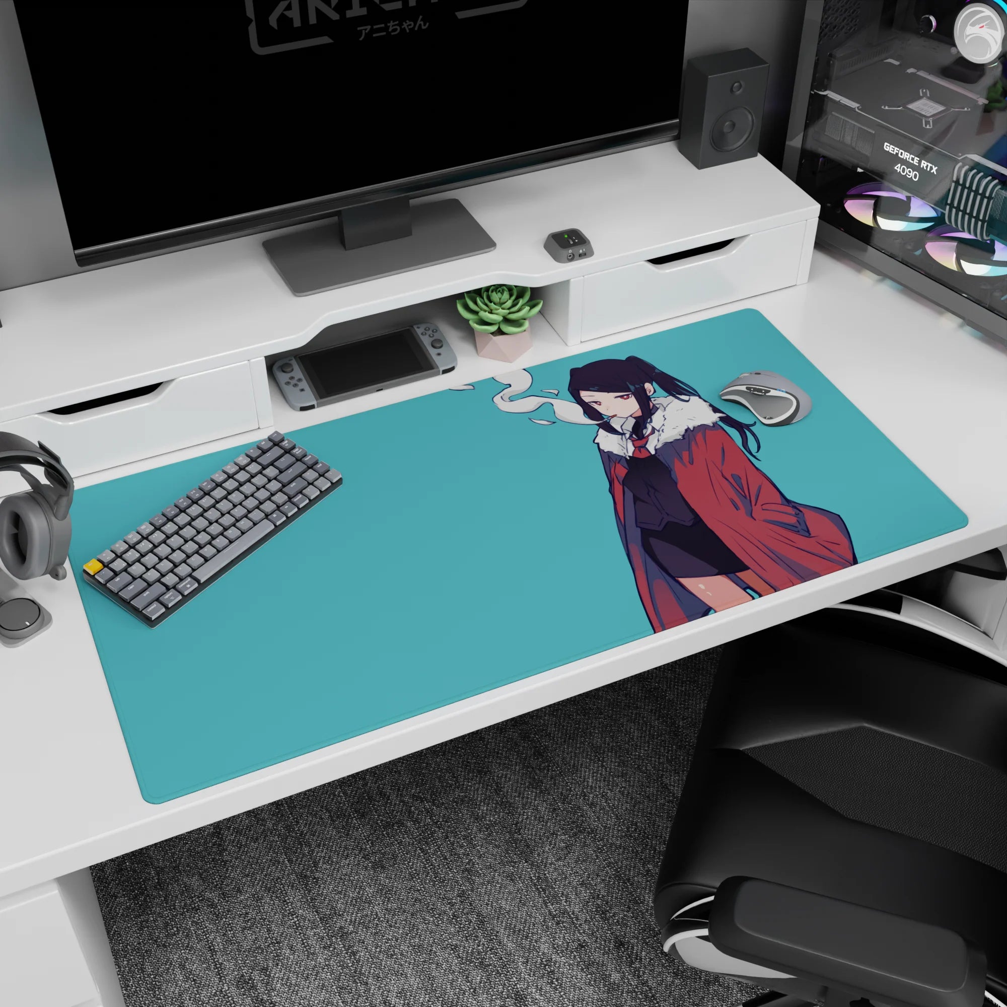 Half-lidded twin-tail anime girl desk pad 40x20 inches, hands in pockets, smoke drifting upward.