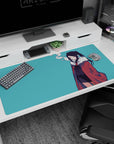 Half-lidded twin-tail anime girl desk pad 40x20 inches, hands in pockets, smoke drifting upward.