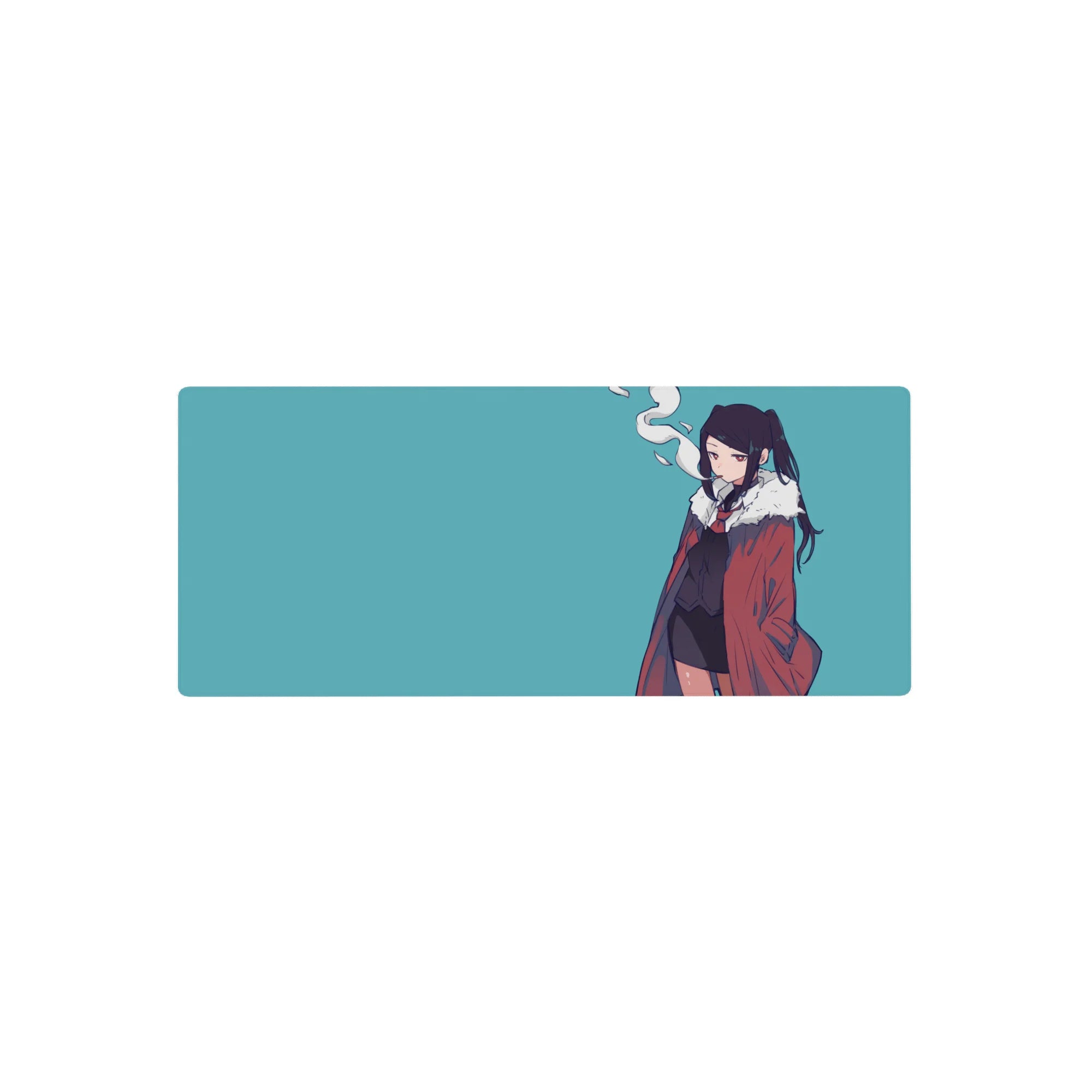 28x12 inches anime girl mouse pad with twin-tail character, red fur-collar coat, sleek black tie outfit.