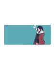 28x12 inches anime girl mouse pad with twin-tail character, red fur-collar coat, sleek black tie outfit.