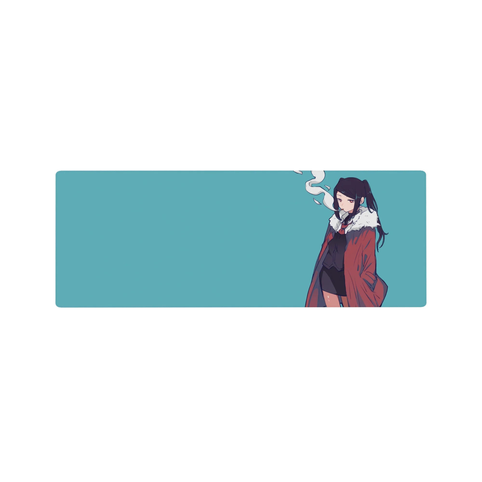 Anime girl mouse pad 32x12 inches with twin-tail character in red fur-collar coat and black tie outfit.
