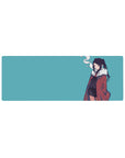 Anime girl mouse pad 32x12 inches with twin-tail character in red fur-collar coat and black tie outfit.