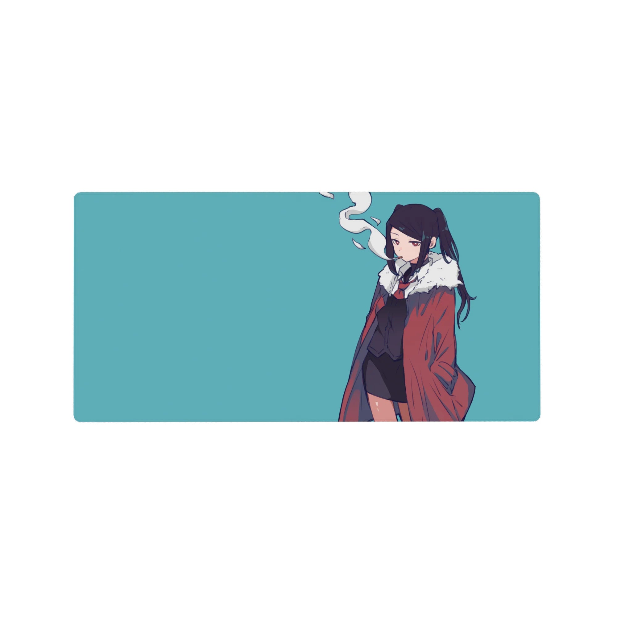 Anime girl mouse pad 32x16 inches with twin-tail hair, red fur-collar coat, black tie outfit, clean lines.