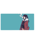 Anime girl mouse pad 32x16 inches with twin-tail hair, red fur-collar coat, black tie outfit, clean lines.