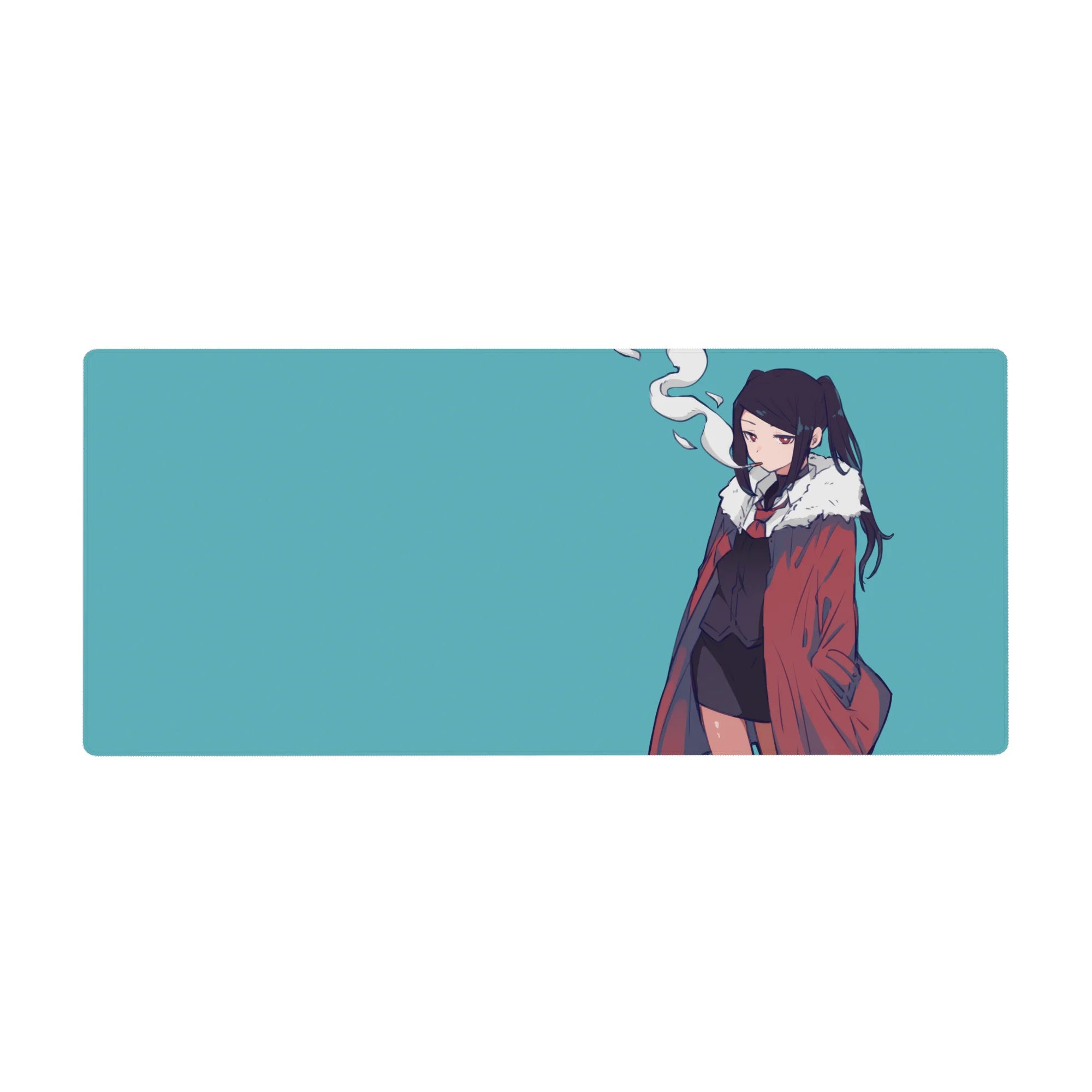 Anime girl desk pad 36x16 inches with twin-tail character, red fur-collar coat, and sleek black tie look.
