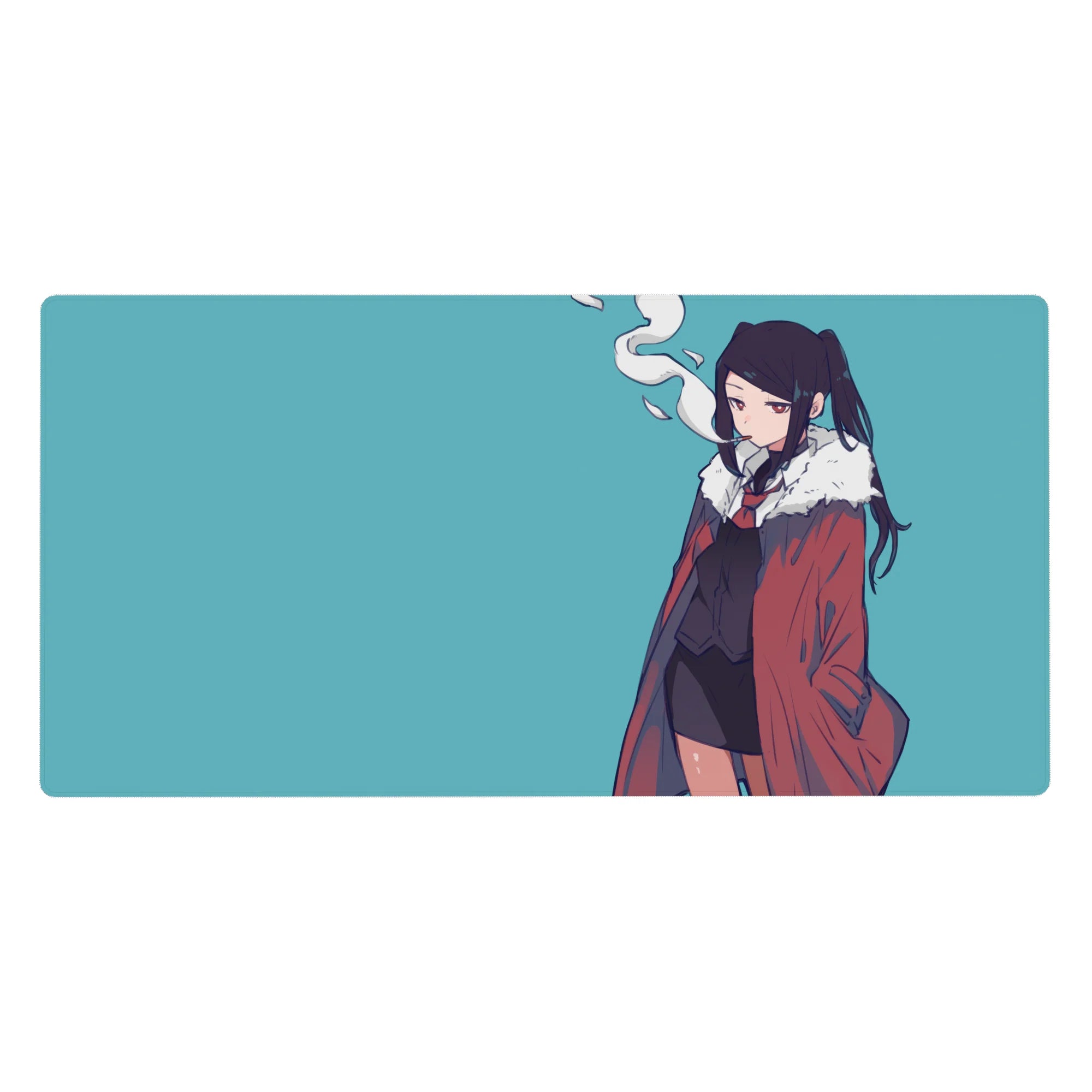 Anime girl desk pad 40x20 inches with twin-tail character in red coat, fur collar, and sleek black tie.