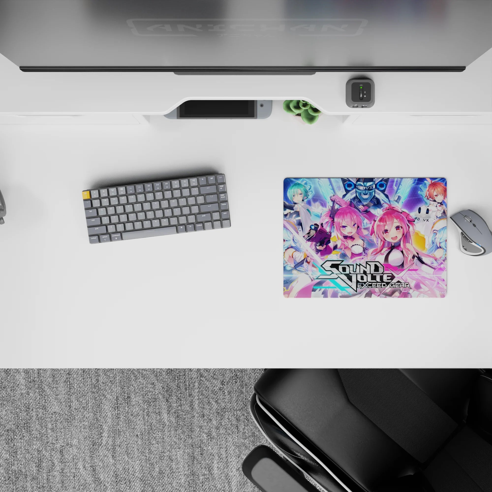 Classic anime girl mouse pad 14x10 inches with neon blue-violet streaks, pink hair, loud cute chaos.