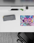 Classic anime girl mouse pad 14x10 inches with neon blue-violet streaks, pink hair, loud cute chaos.
