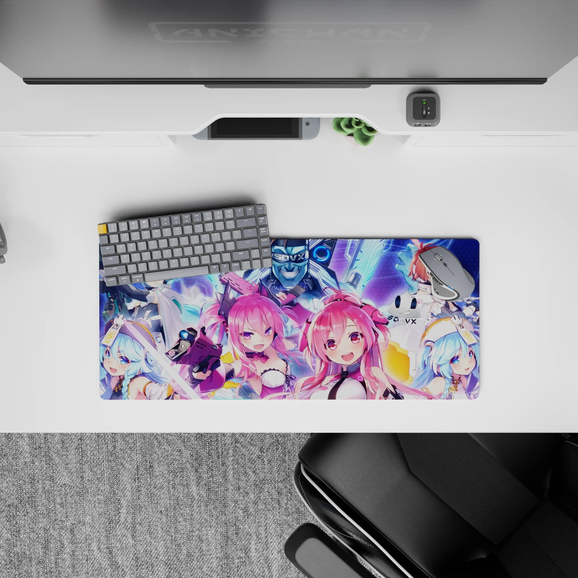 Neon blue, violet, teal and red chaotic-cute anime girl desk mat with smooth glide, 28x12 inches.