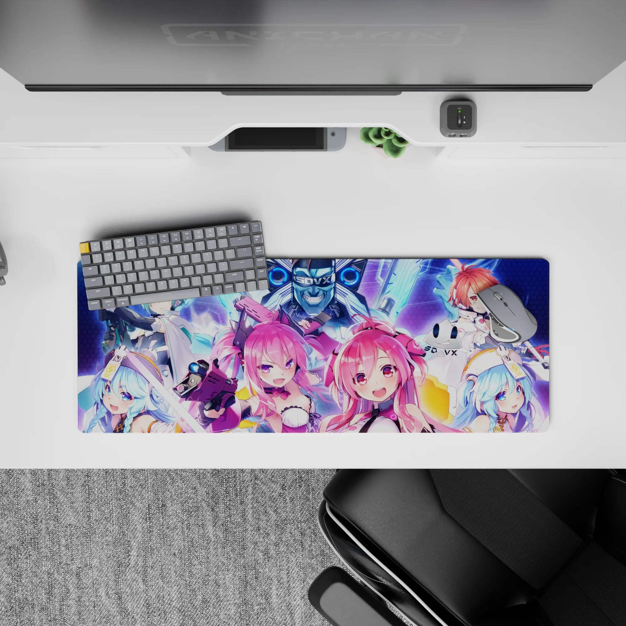 Neon pink, blue, and violet anime girl mouse pad 32x12 inches, loud cute cyber energy vibe.