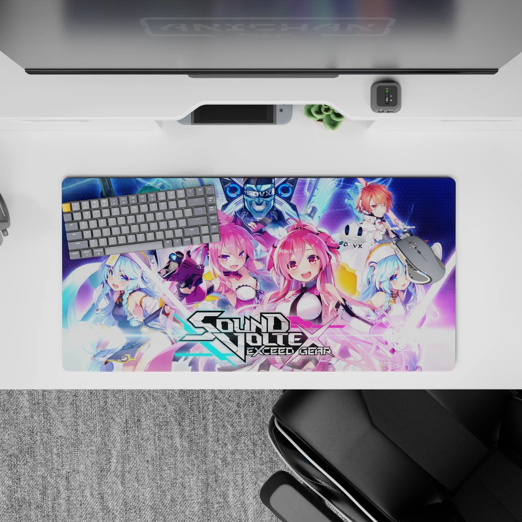 Neon cyber anime girl mouse pad 32x16 inches in electric blue, violet, teal and red on hex-grid.