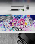 Neon pink, teal, violet and electric blue anime desk pad 36x16 inches on hex-grid, loud cute vibe.