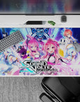 Neon pink, electric blue, and violet chaotic gamer vibe anime girl desk pad, 40x20 inches.