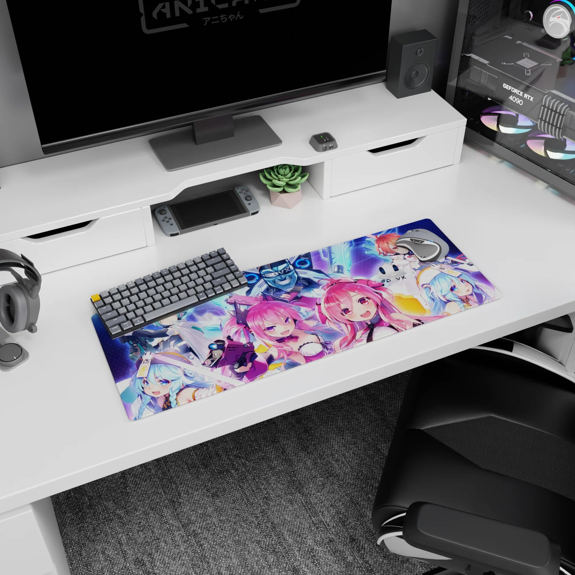 Twin pink-haired anime girls in white-black suits on mouse pad 32x12 inches, teammates aiming rifles.