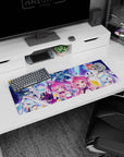 Twin pink-haired anime girls in white-black suits on mouse pad 32x12 inches, teammates aiming rifles.