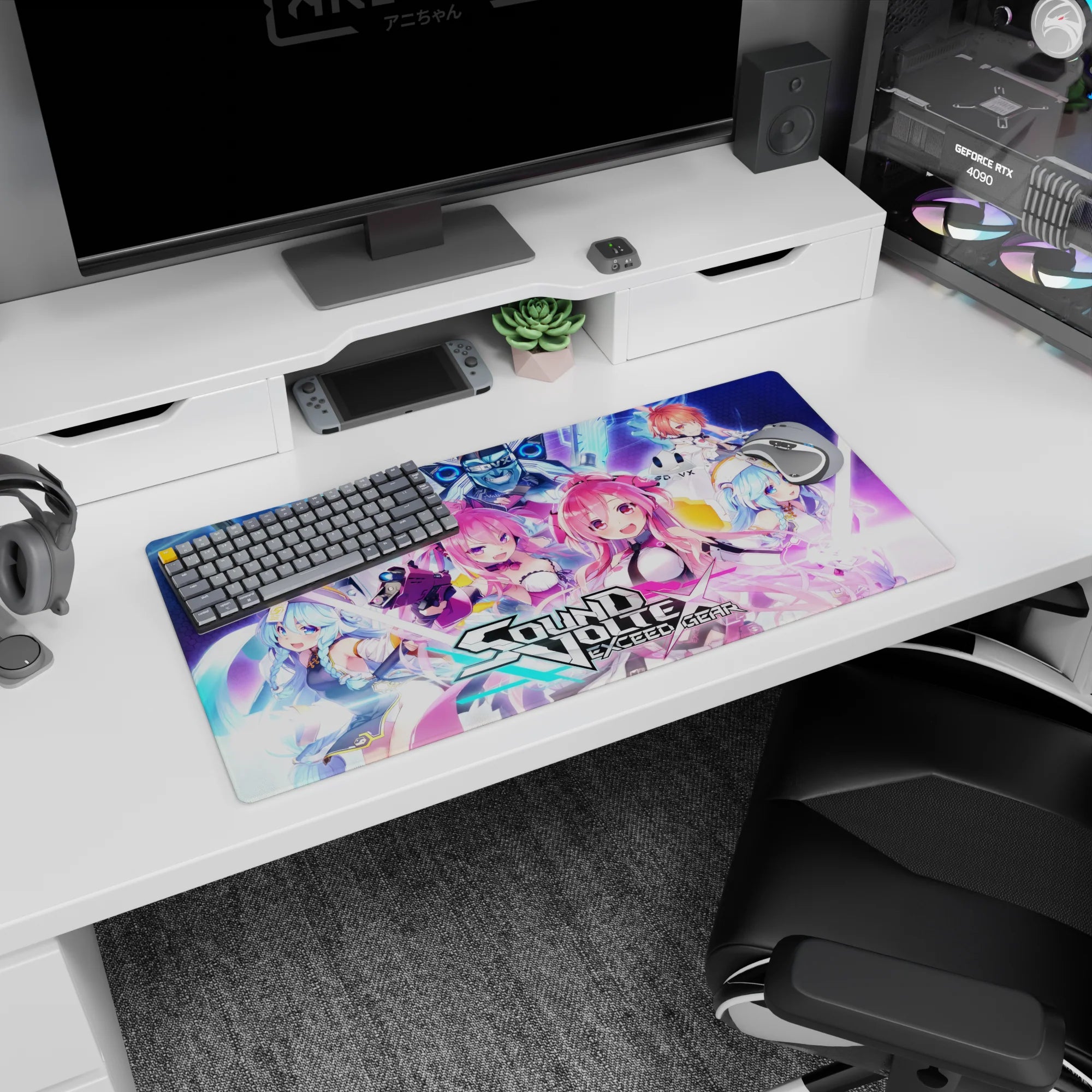 Twin pink-haired anime girls in sleek white-black suits on mouse pad 32x16 inches, grinning center.