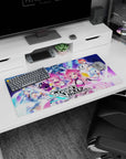 Twin pink-haired anime girls in sleek white-black suits on mouse pad 32x16 inches, grinning center.