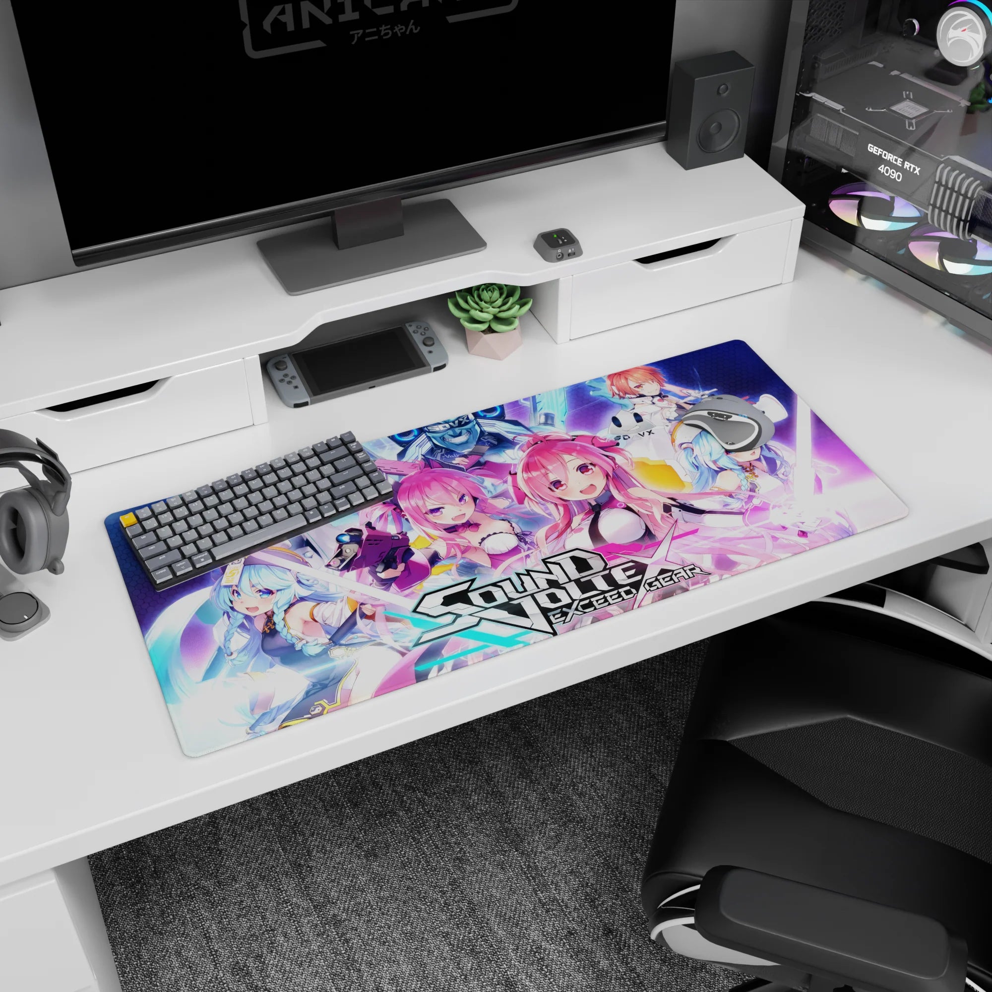 Twin pink-haired anime girls grinning in white-black suits on desk pad 36x16 inches, team aiming rifles.