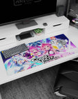 Twin pink-haired anime girls grinning in white-black suits on desk pad 36x16 inches, team aiming rifles.