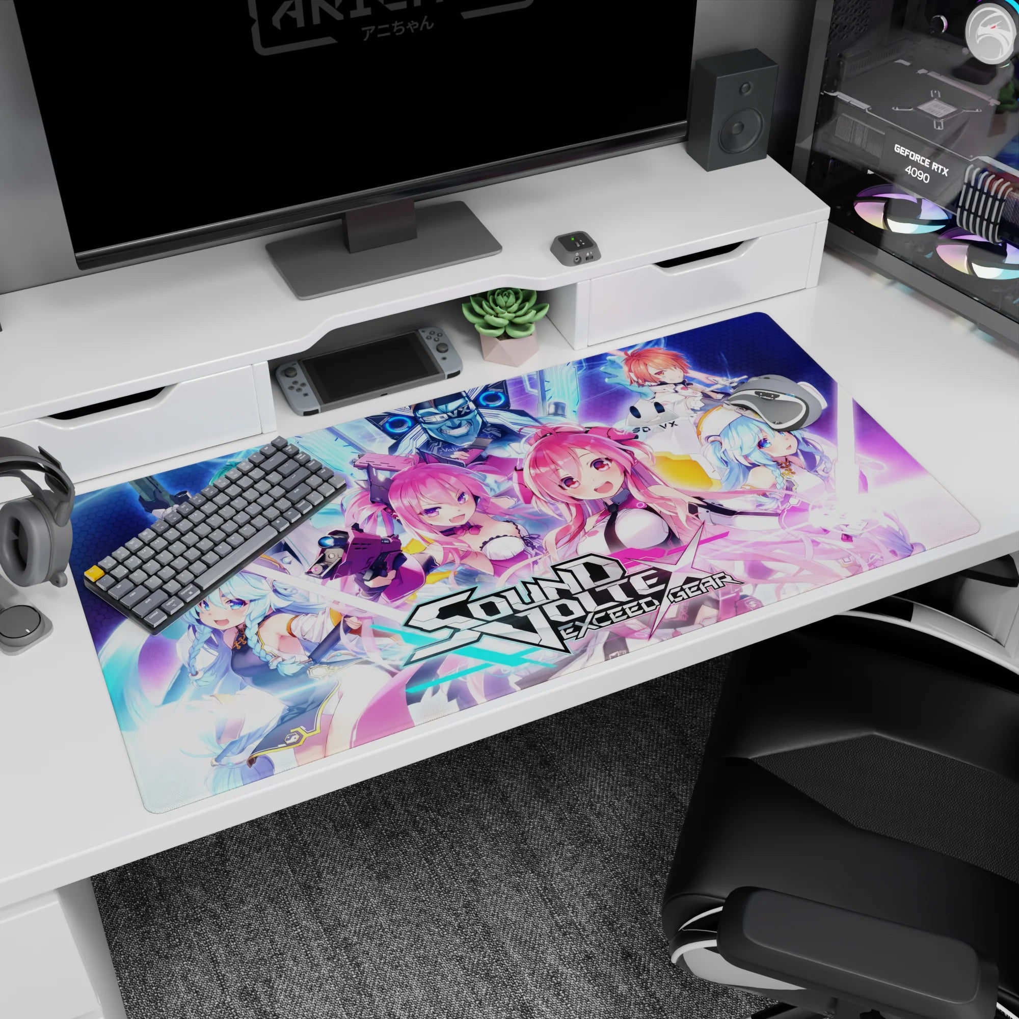 Twin pink-haired anime heroines in white-and-black suits with rifles and teammates, 40x20 inches.