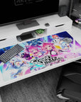Twin pink-haired anime heroines in white-and-black suits with rifles and teammates, 40x20 inches.