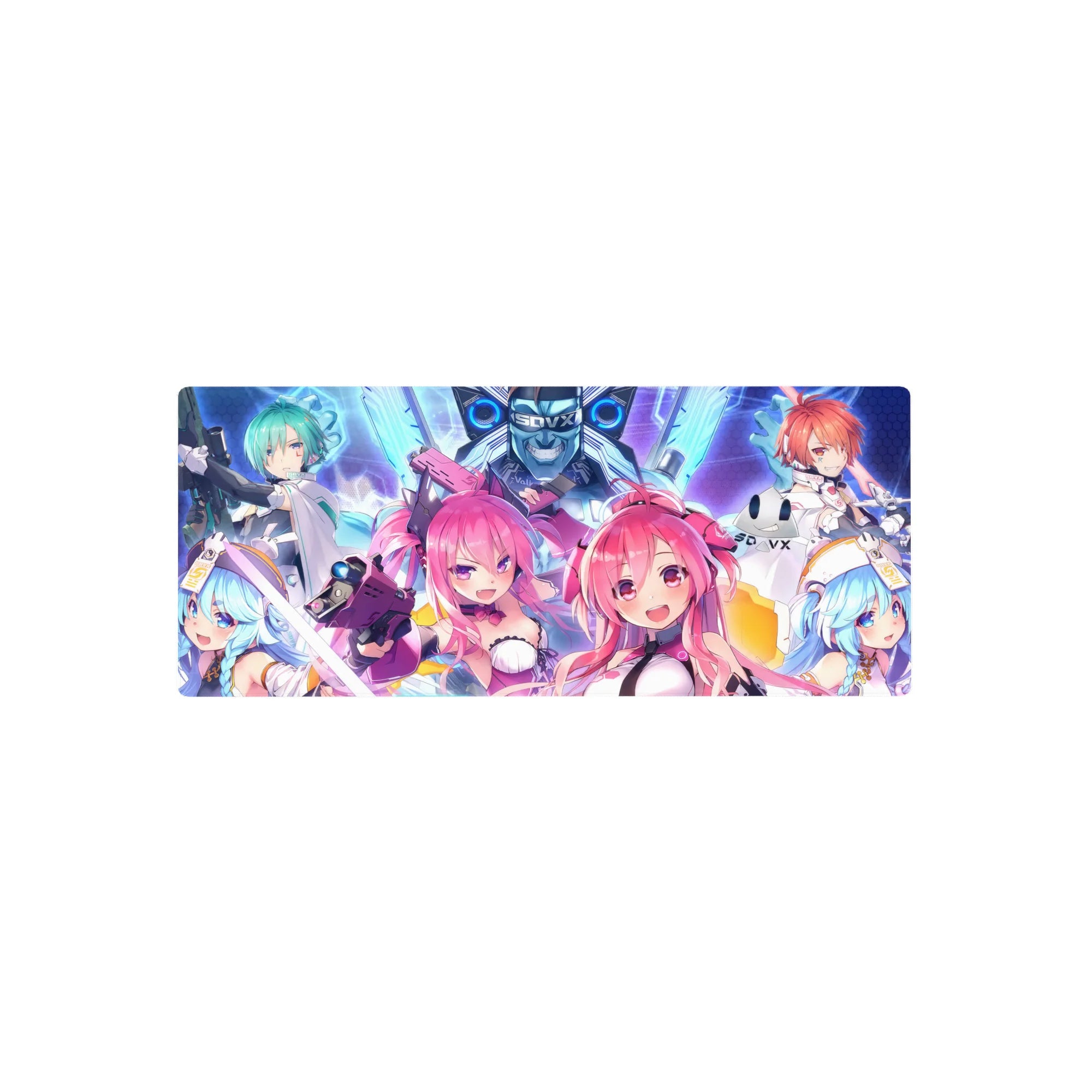 Sound Voltex Exceed Gear anime girl mouse pad, twin heroines and team on hex-grid, 28x12 inches.