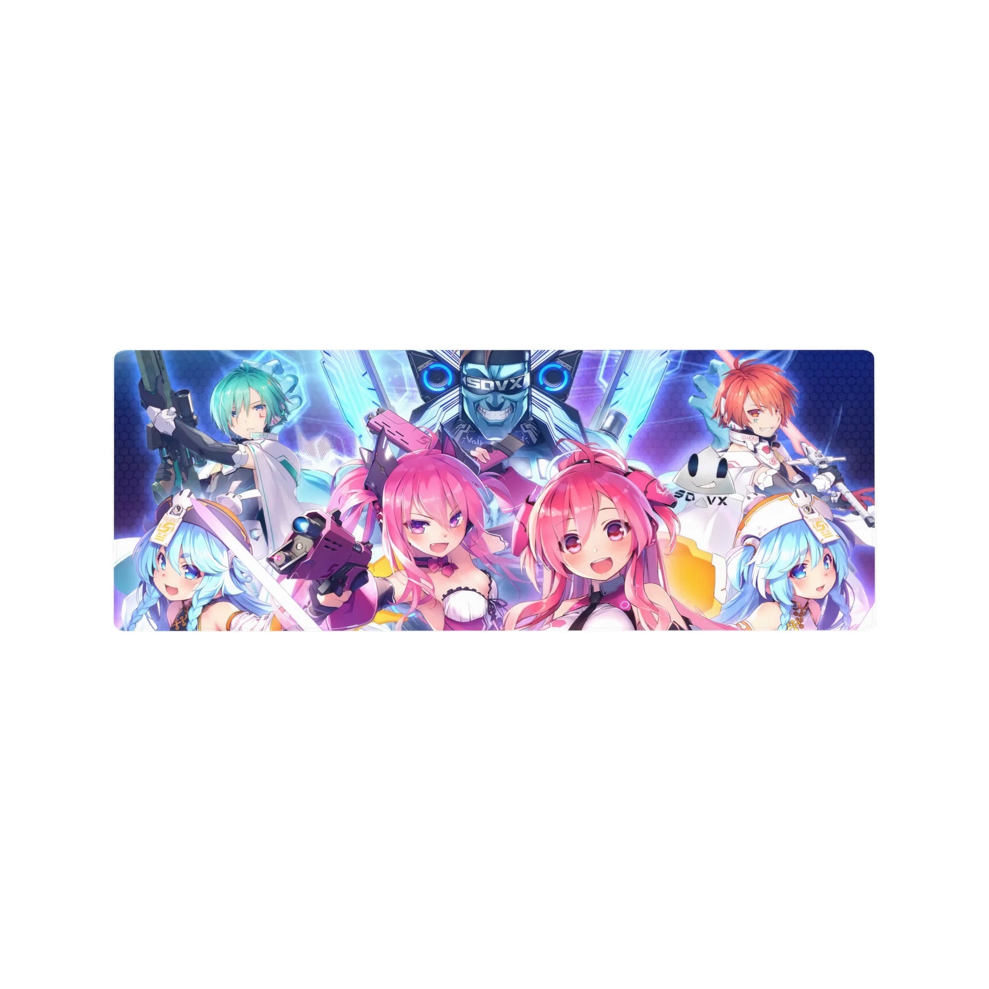Sound Voltex Exceed Gear anime girl mouse pad 32x12 inches with twin heroines, hex-grid, rifles.