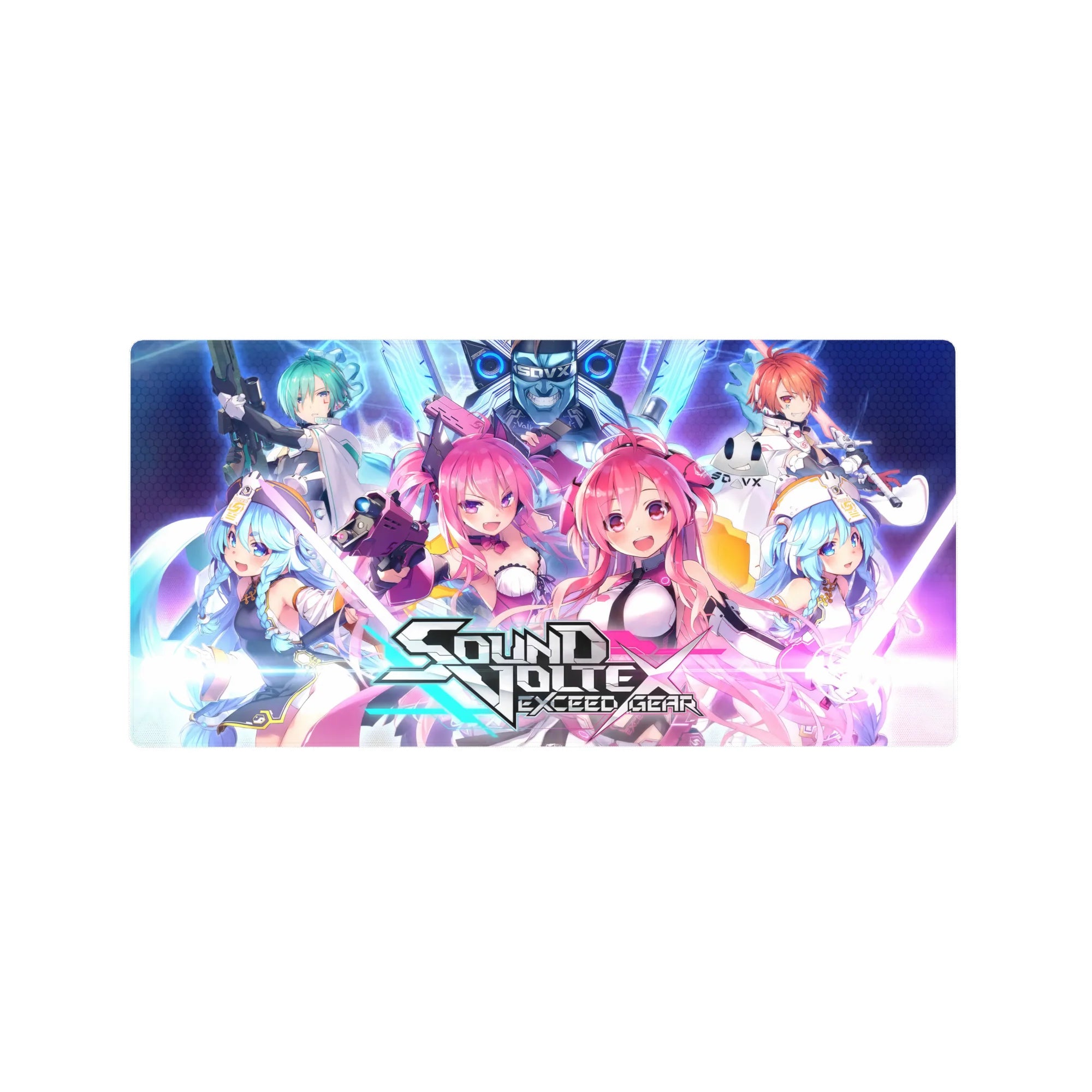 Sound Voltex Exceed Gear anime girl mouse pad 32x16 inches with twin heroines and team rifle scene.