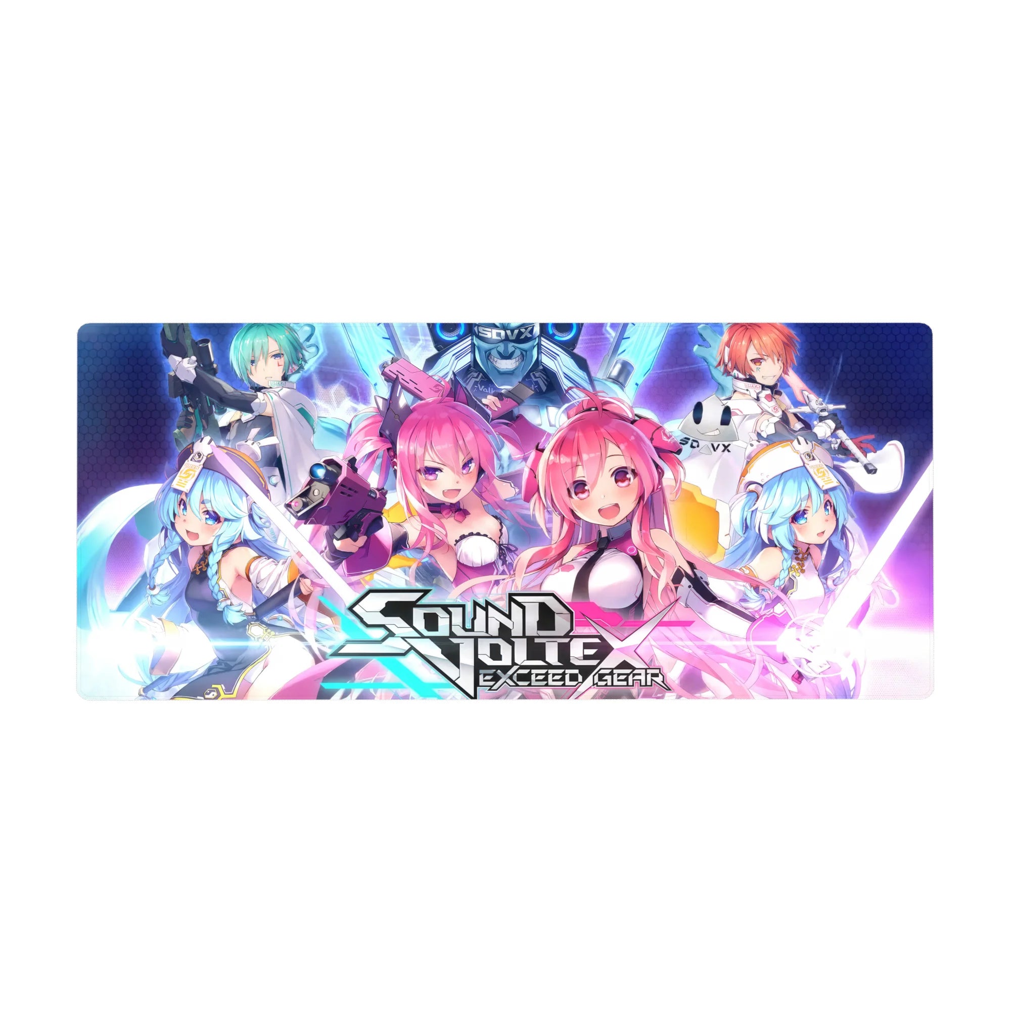 Sound Voltex Exceed Gear anime girl desk pad 36x16 inches with twin heroines, logo, and rifles.