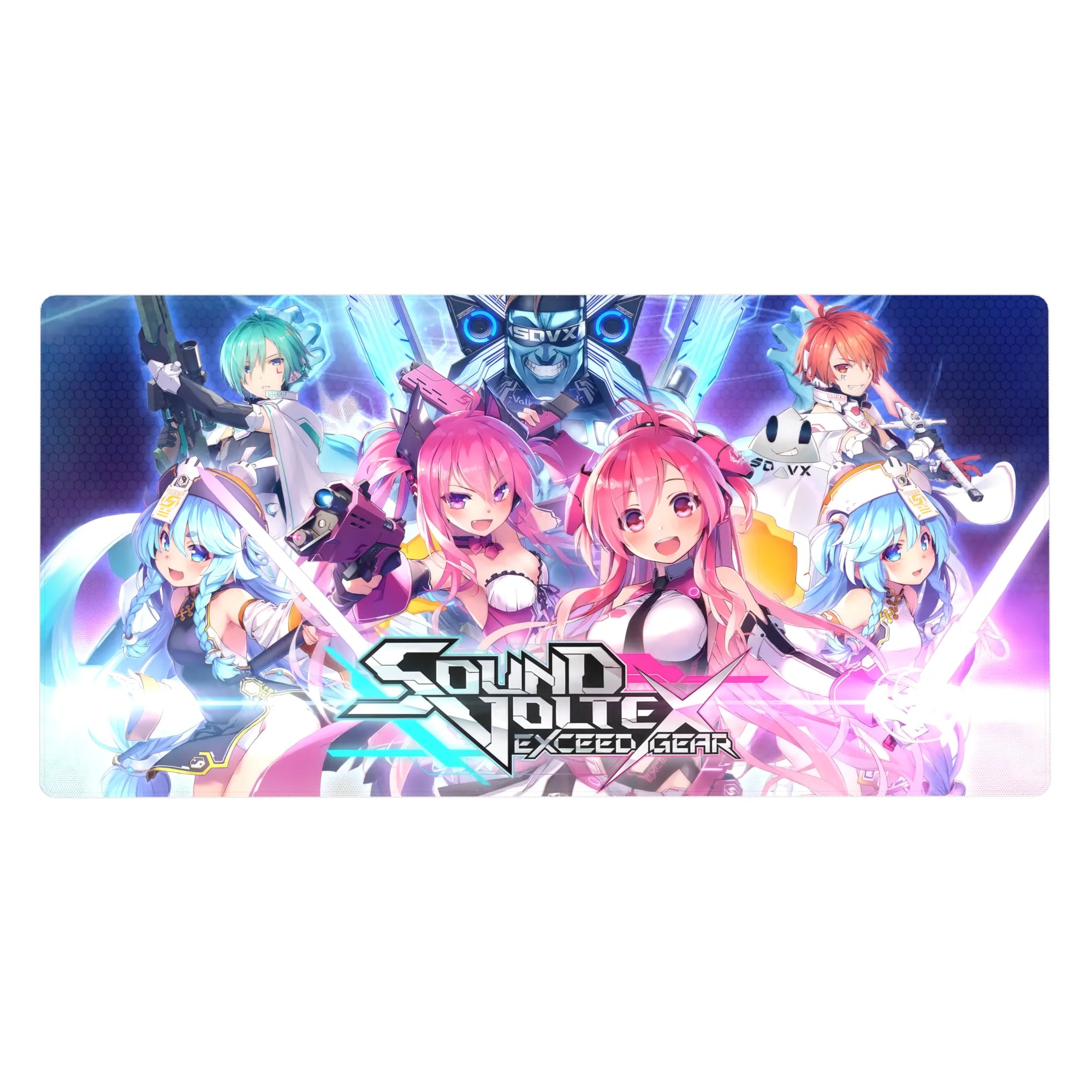 Sound Voltex Exceed Gear anime girl desk pad, twin heroines on hex-grid, 40x20 inches.