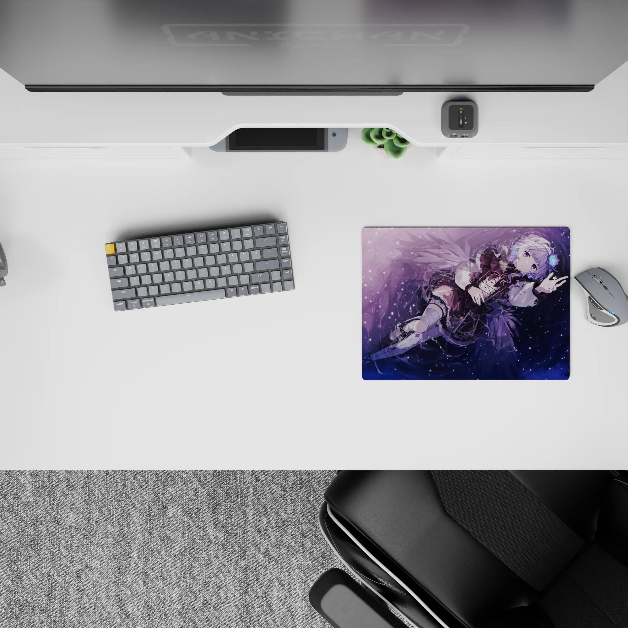 Starry violet anime mouse pad 14x10 inches in purple and midnight blue, cozy magical desk vibe.