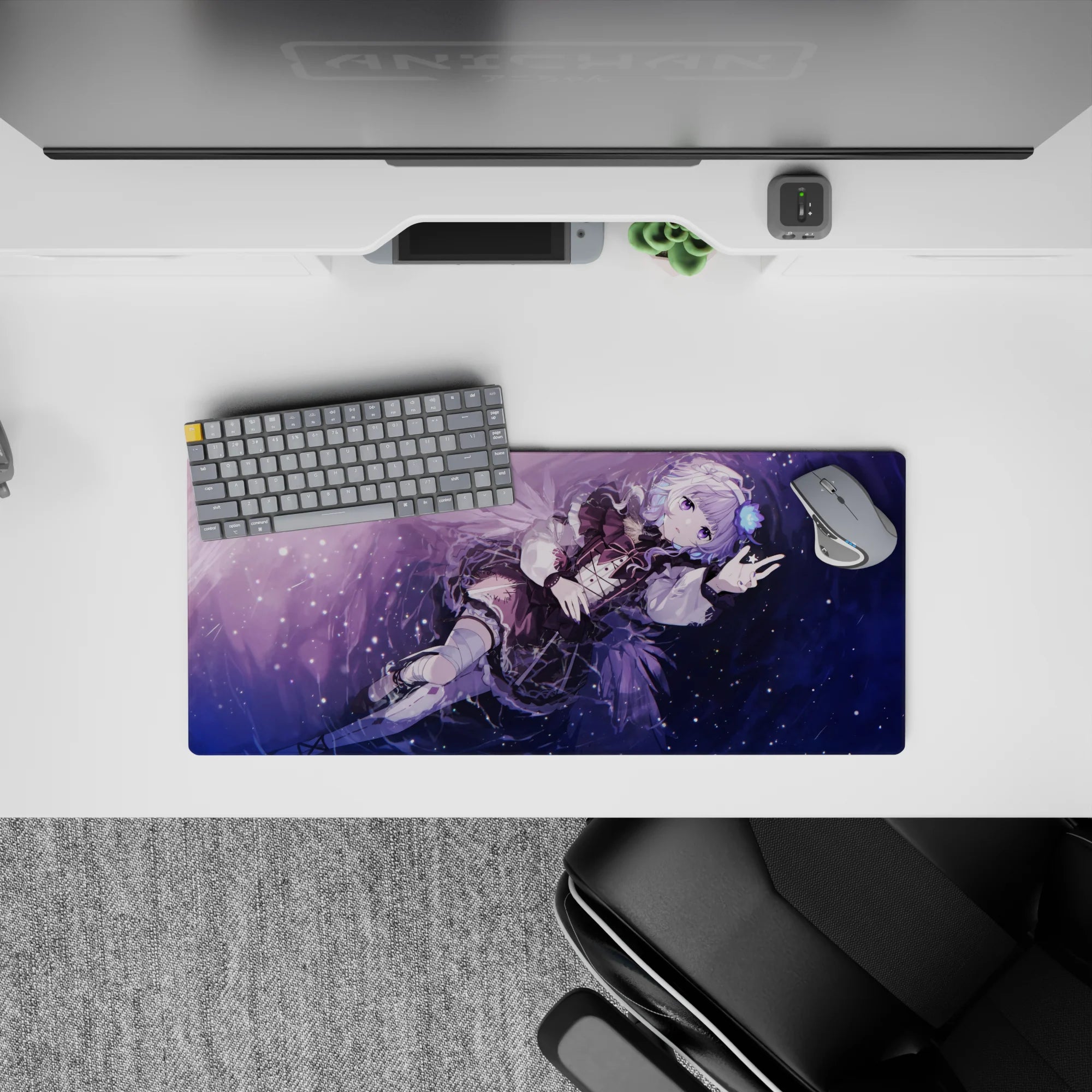Starry violet anime desk mouse pad 28x12 inches in purple-blue tones with soft sparkles and cozy vibe.