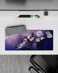 Starry violet anime desk mouse pad 28x12 inches in purple-blue tones with soft sparkles and cozy vibe.