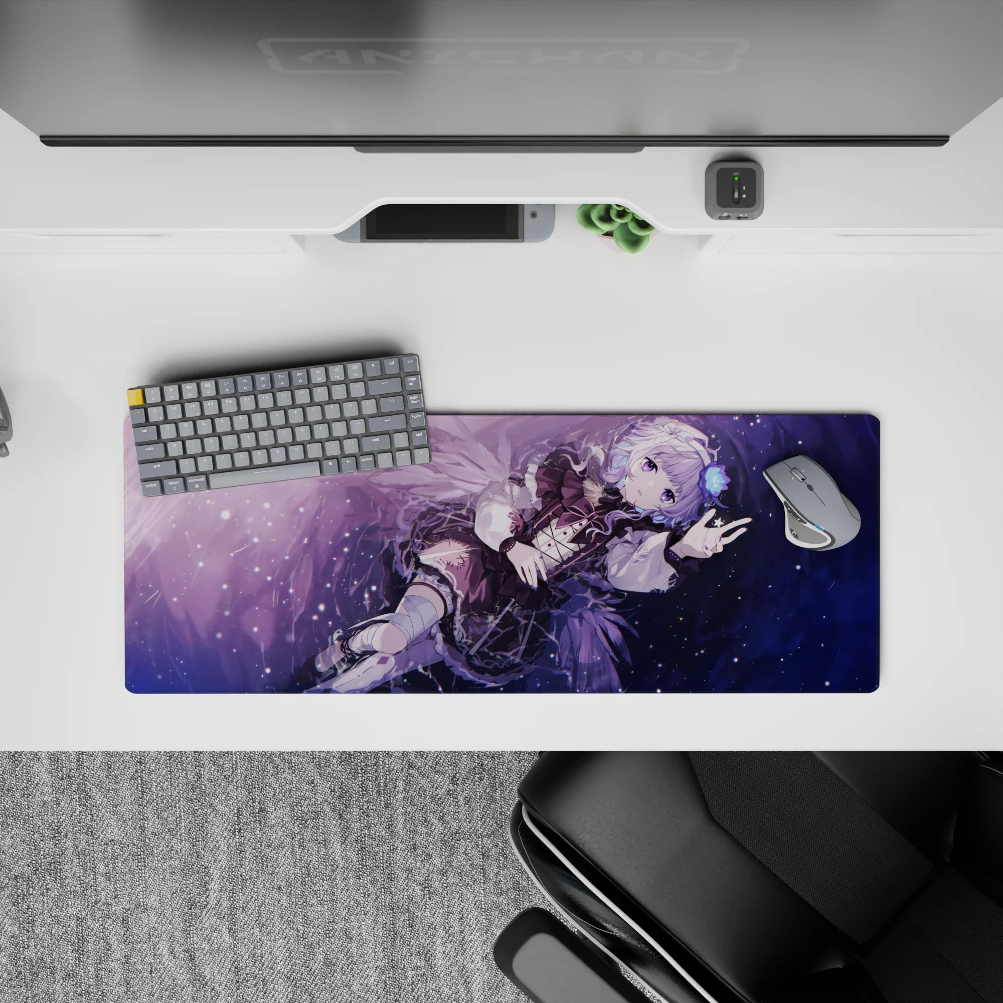 32x12 inches desk mouse pad in violet and midnight blue, dreamy starfield with soft purple sparkles.