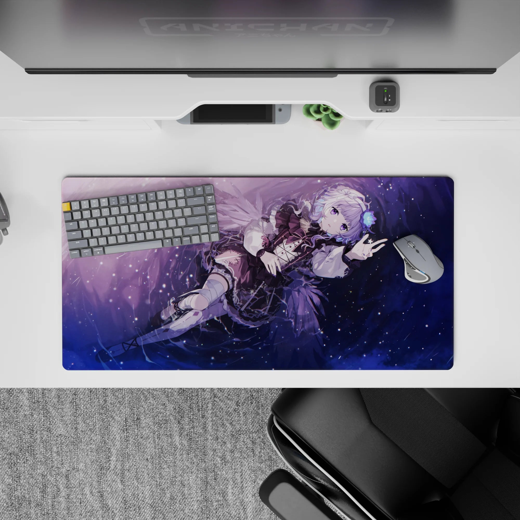 32x16 inches violet night anime mouse pad in purple and midnight blue with sparkles and cozy magic mood.