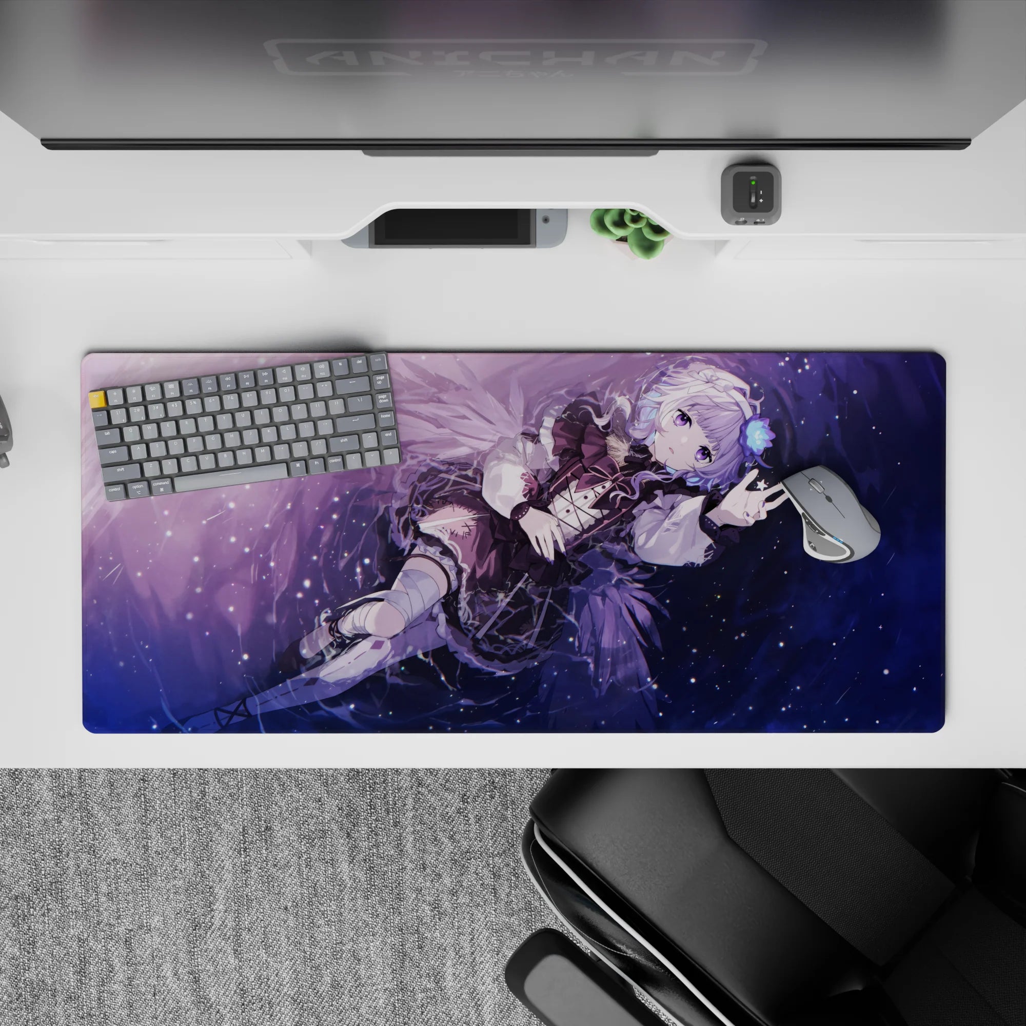 Starry violet anime desk pad 36x16 inches in purples and midnight blues with a cozy magical vibe.