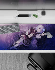 Starry violet anime desk pad 36x16 inches in purples and midnight blues with a cozy magical vibe.