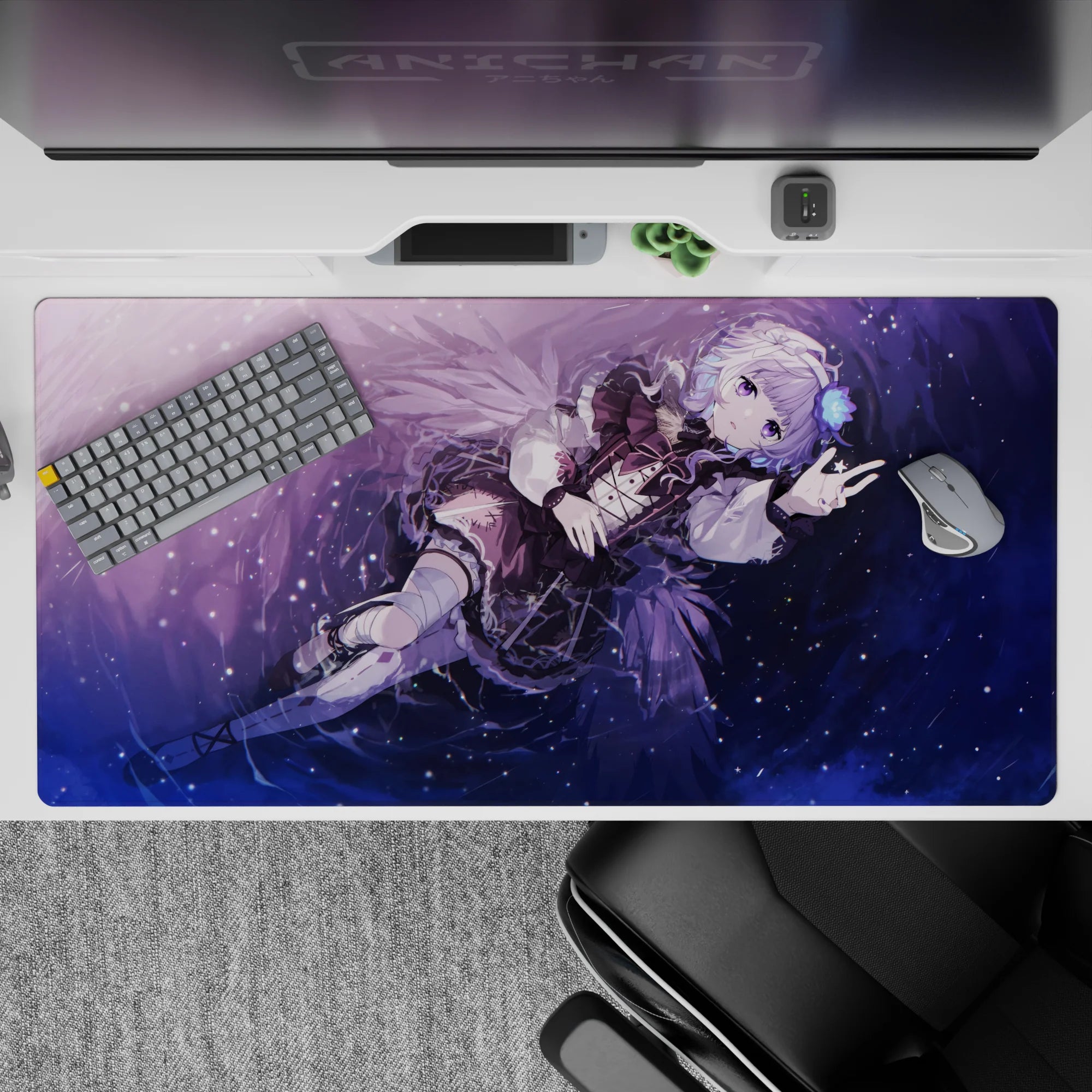Starry violet 40x20 inches anime desk pad in purple and midnight blue, cozy magical sparkles.