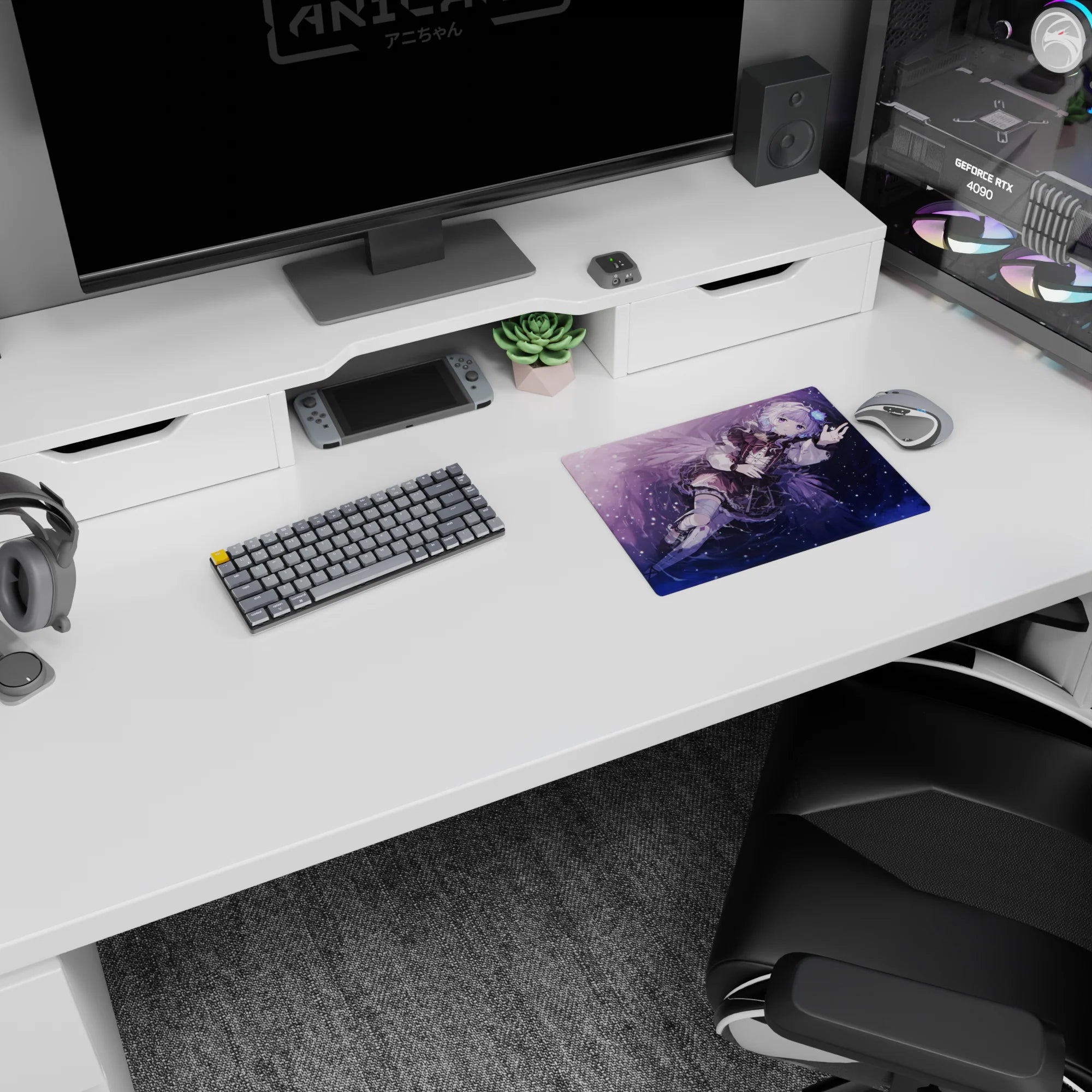 Silver-haired anime girl floats sideways with peace sign on 14x10 inches mouse pad, wings and lace.