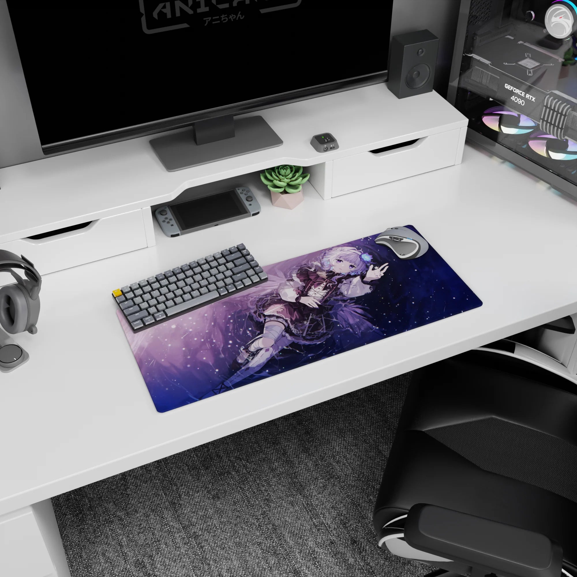 Silver-haired anime girl floating sideways with peace sign on mouse pad 28x12 inches, frilly corset look.