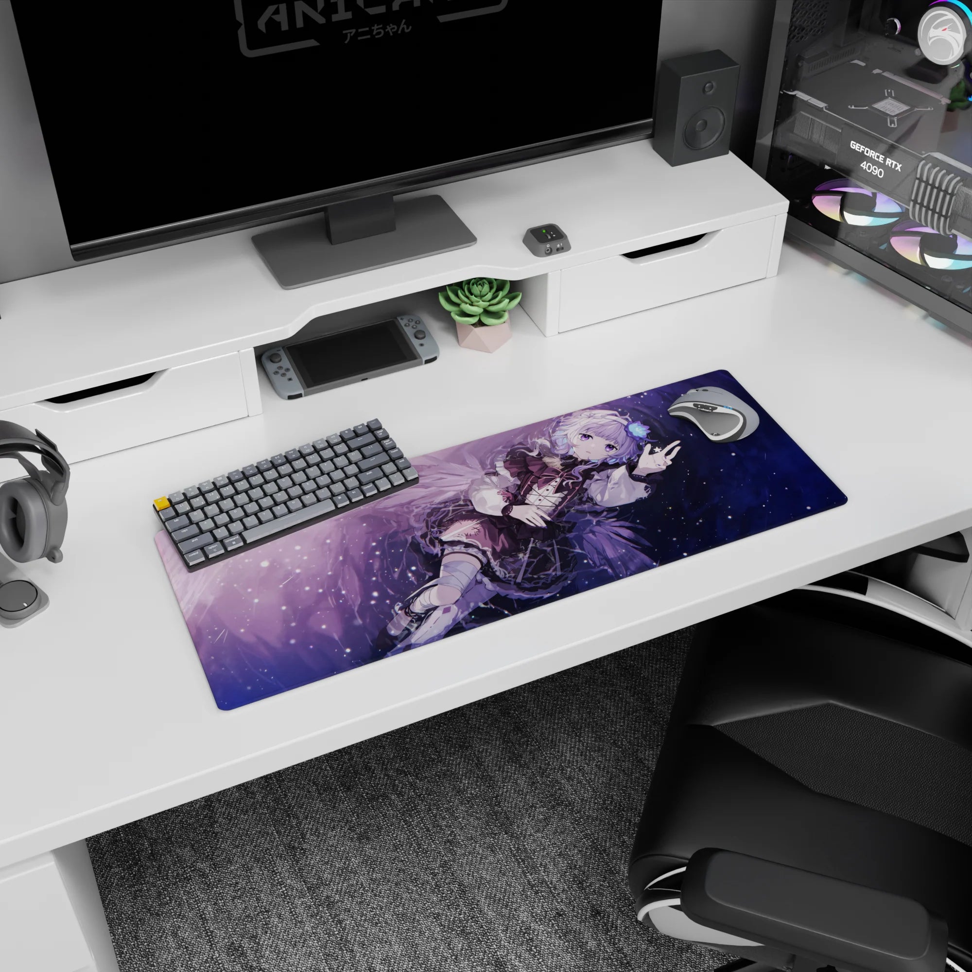 32x12 inches anime mouse pad showing a sideways floating silver-haired girl giving a peace sign with wings.