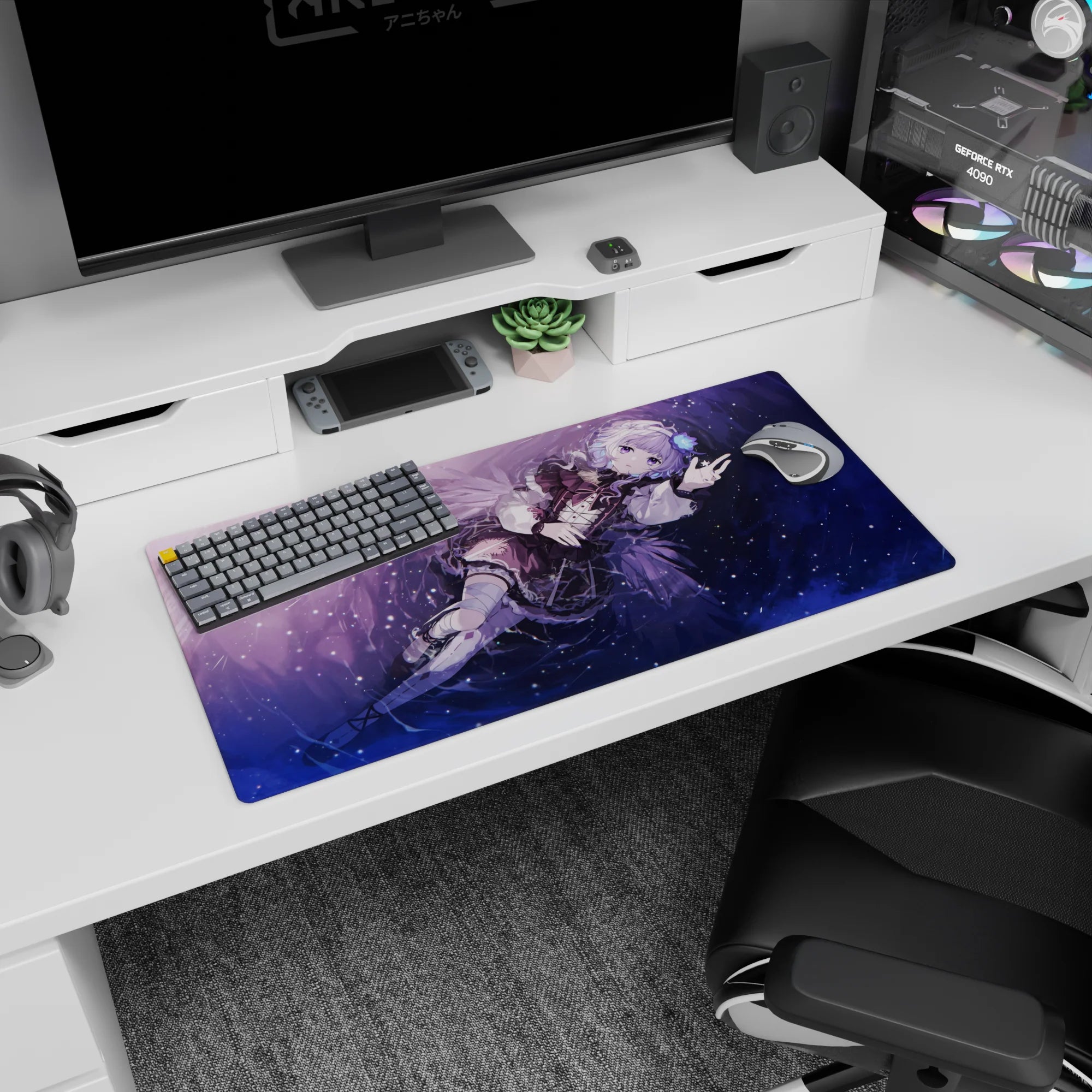 32x16 inches mouse pad showing a silver-haired anime girl floating sideways, peace sign, fading feather wings.