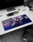 32x16 inches mouse pad showing a silver-haired anime girl floating sideways, peace sign, fading feather wings.