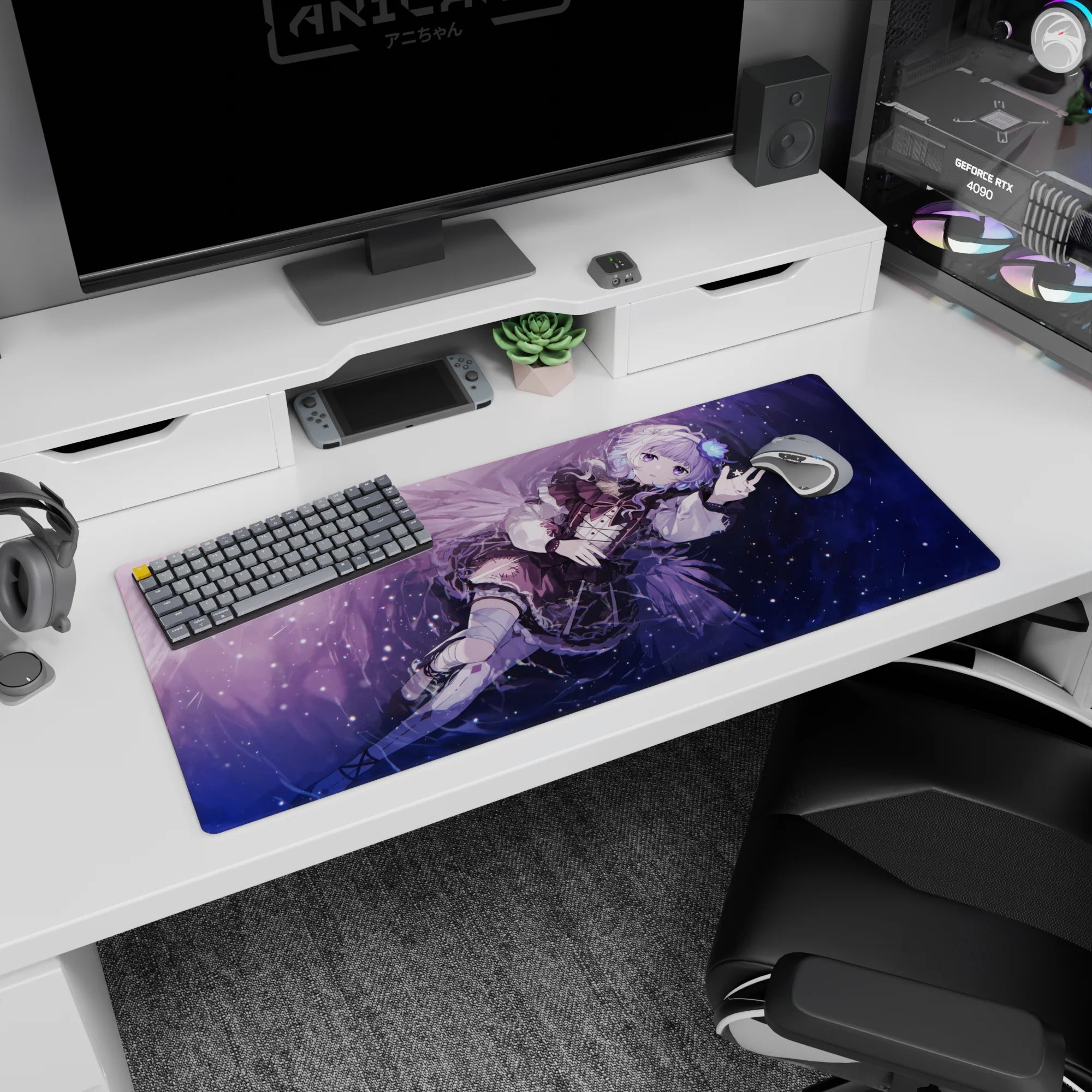 Silver-haired anime girl desk pad 36x16 inches, floating sideways with peace sign, corset and lace.
