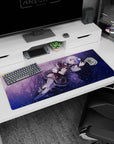 Silver-haired anime girl desk pad 36x16 inches, floating sideways with peace sign, corset and lace.