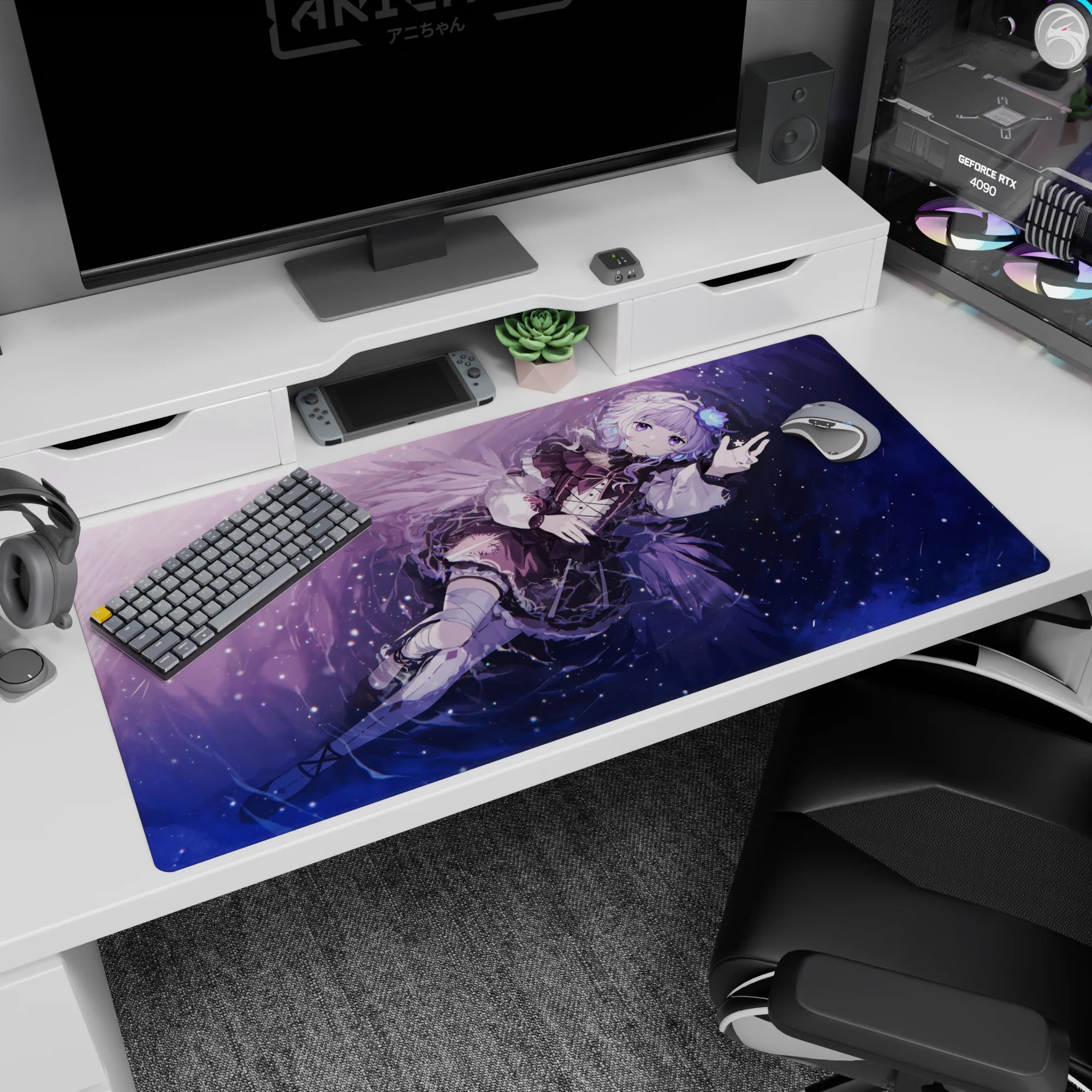 40x20 inches anime girl desk pad showing a silver-haired girl floating sideways, flashing a peace sign.