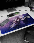 40x20 inches anime girl desk pad showing a silver-haired girl floating sideways, flashing a peace sign.