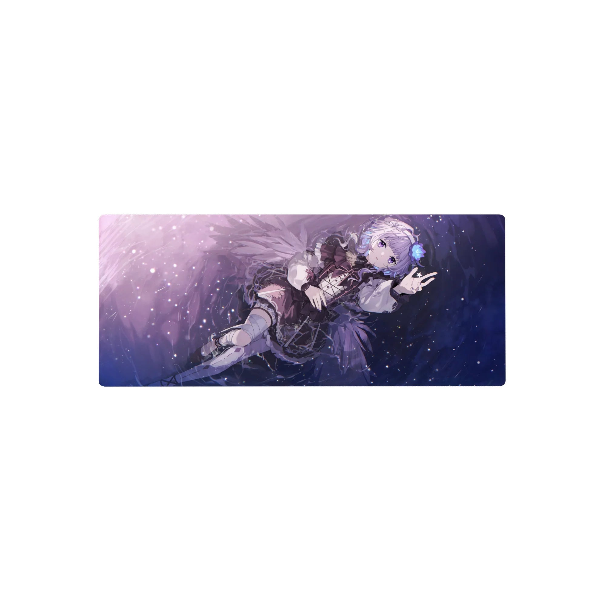Anime girl mouse pad 28x12 inches with silver-haired angel, corset outfit, wings, and sparkly night sky.