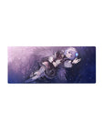 Anime girl mouse pad 28x12 inches with silver-haired angel, corset outfit, wings, and sparkly night sky.